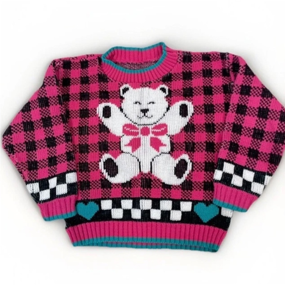 VTG Bear Sweater Kids Toddler Girls Hot Pink Black Teal 80’s Chunky Knit neon
